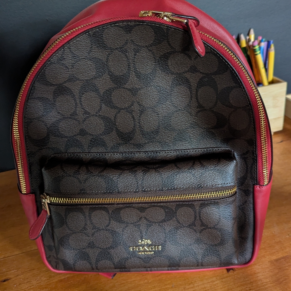 Coach Red and Brown Backpack with Signature Monogram